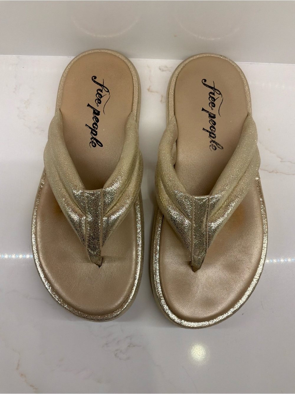 Free People Sandals Wonderland Flip Flops Gold Metallic Thong Sandals